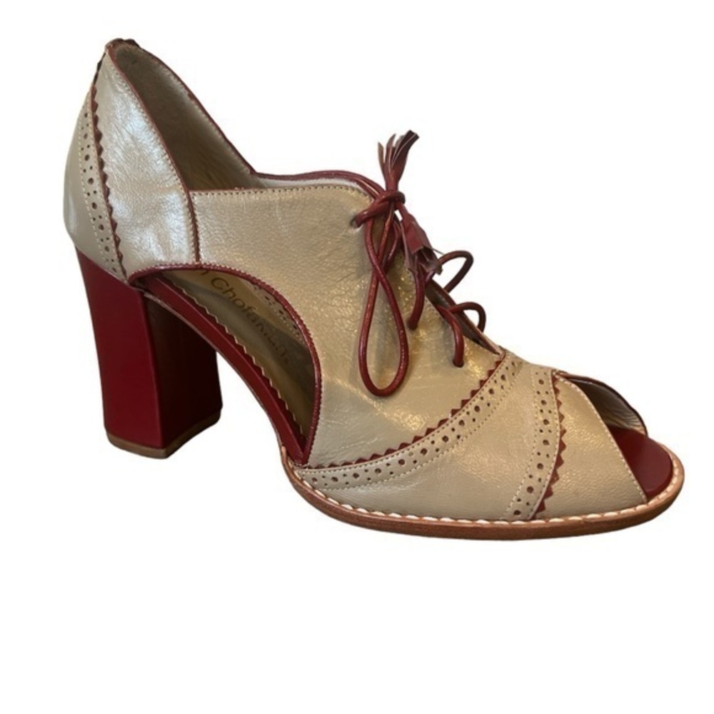 Sarah Chofakian chunky peep toe Mary Jane style contrast leather tie up shoes